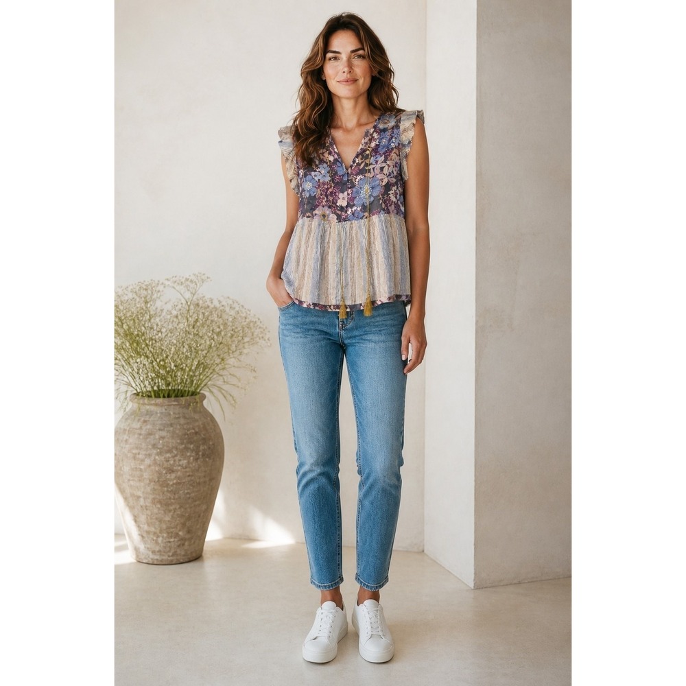 Mystree Womens Floral Stripe Mixed Media Peplum Top Tassel V-Neck Sleeveless M
